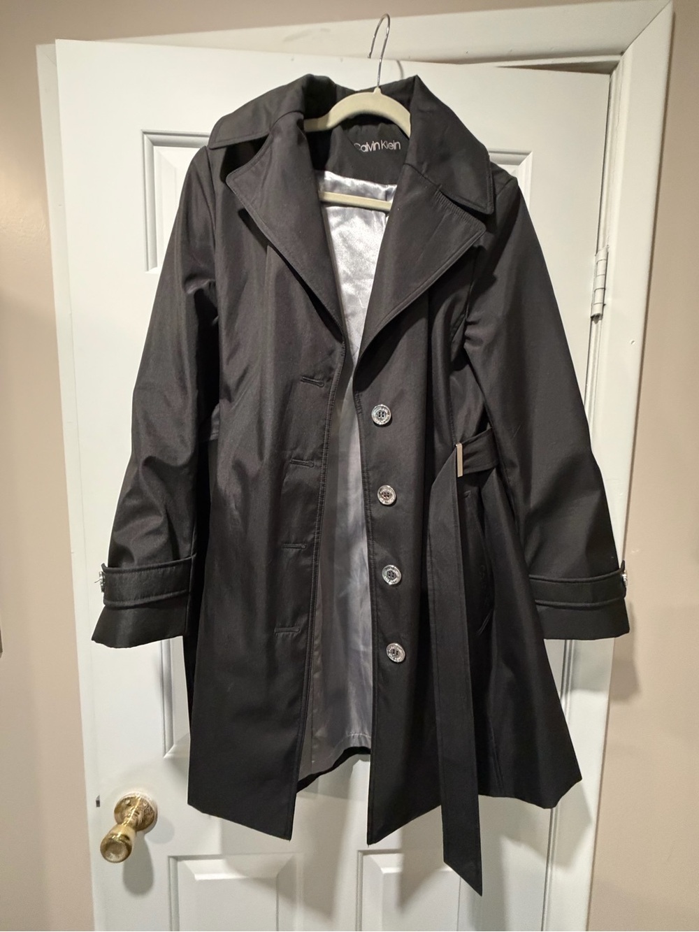 Calvin Klein M Women's Black Trench Coat with Waist Tie and Hood